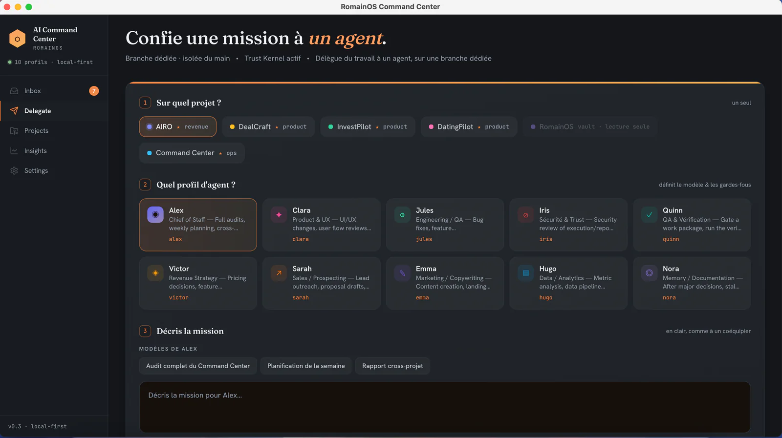 RomainOS Command Center interface showing the queue of actions requiring supervision.