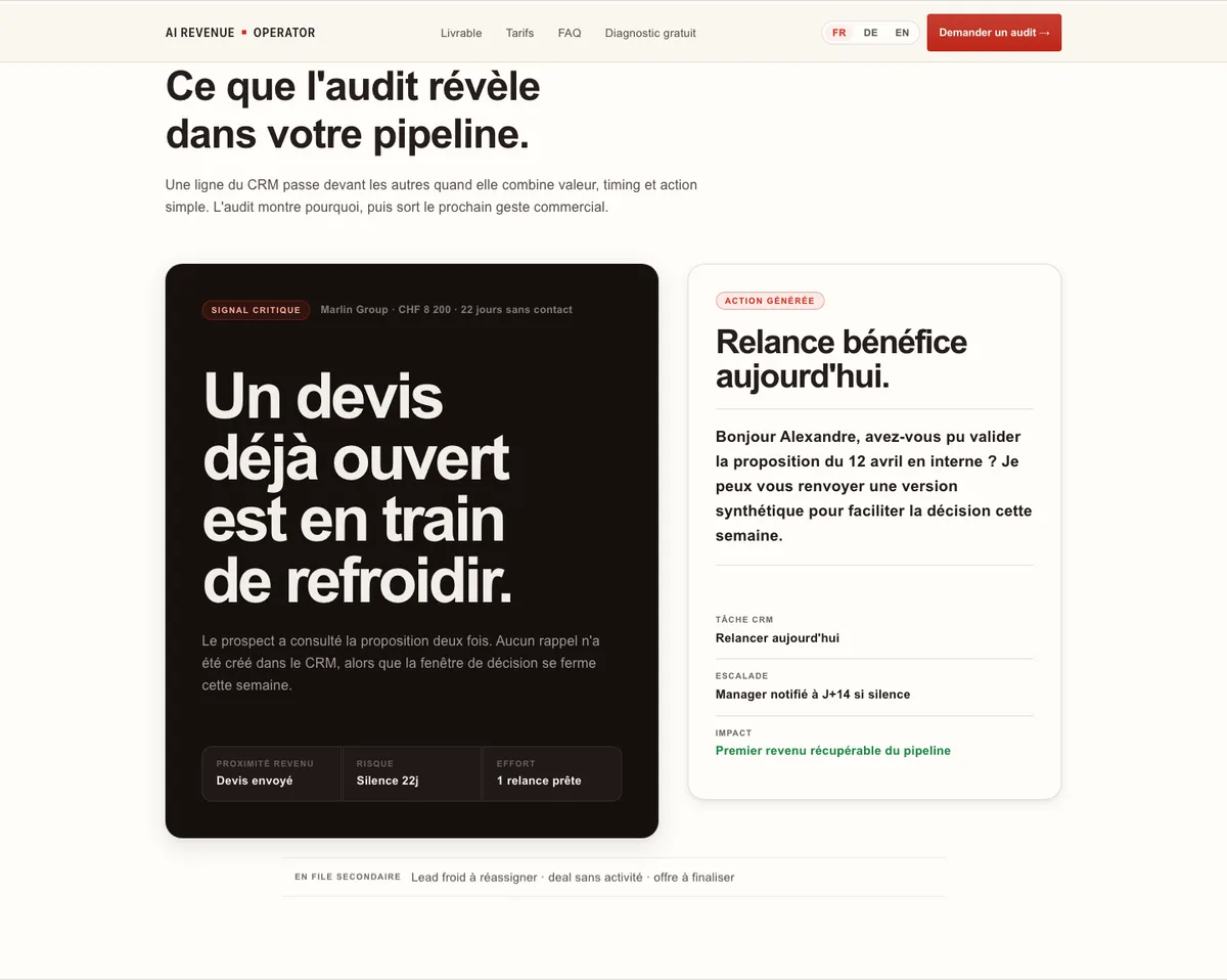 Velq interface showing a quote going cold and a sales follow-up ready to send.